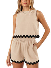 Linen Lace Trim Crew Neck Tank Top Shorts